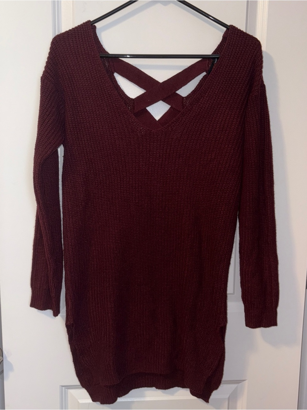 Ambiance V-Neck Longline Oversized Sweater - Burgundy Size: M